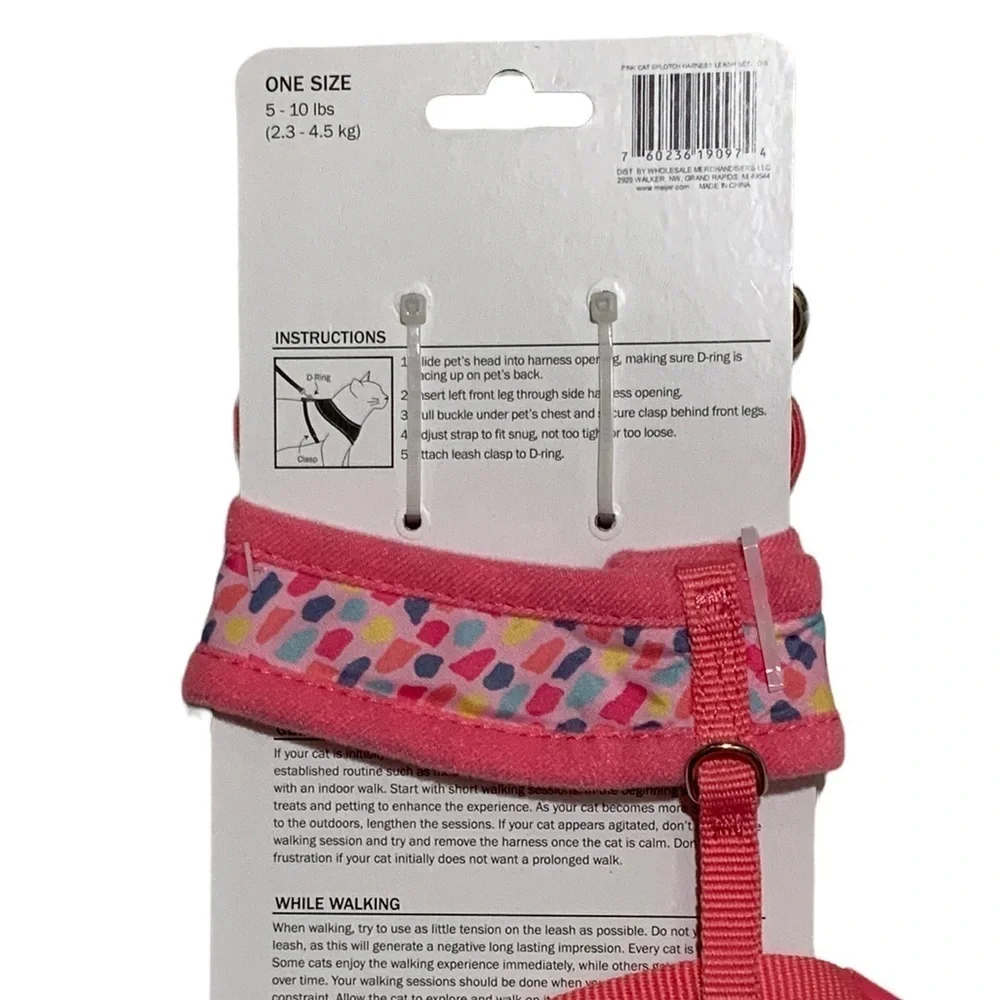 Cat Harness and Leash Set Adjustable For Cats 5-10 LBS Pink Multicolor One Size